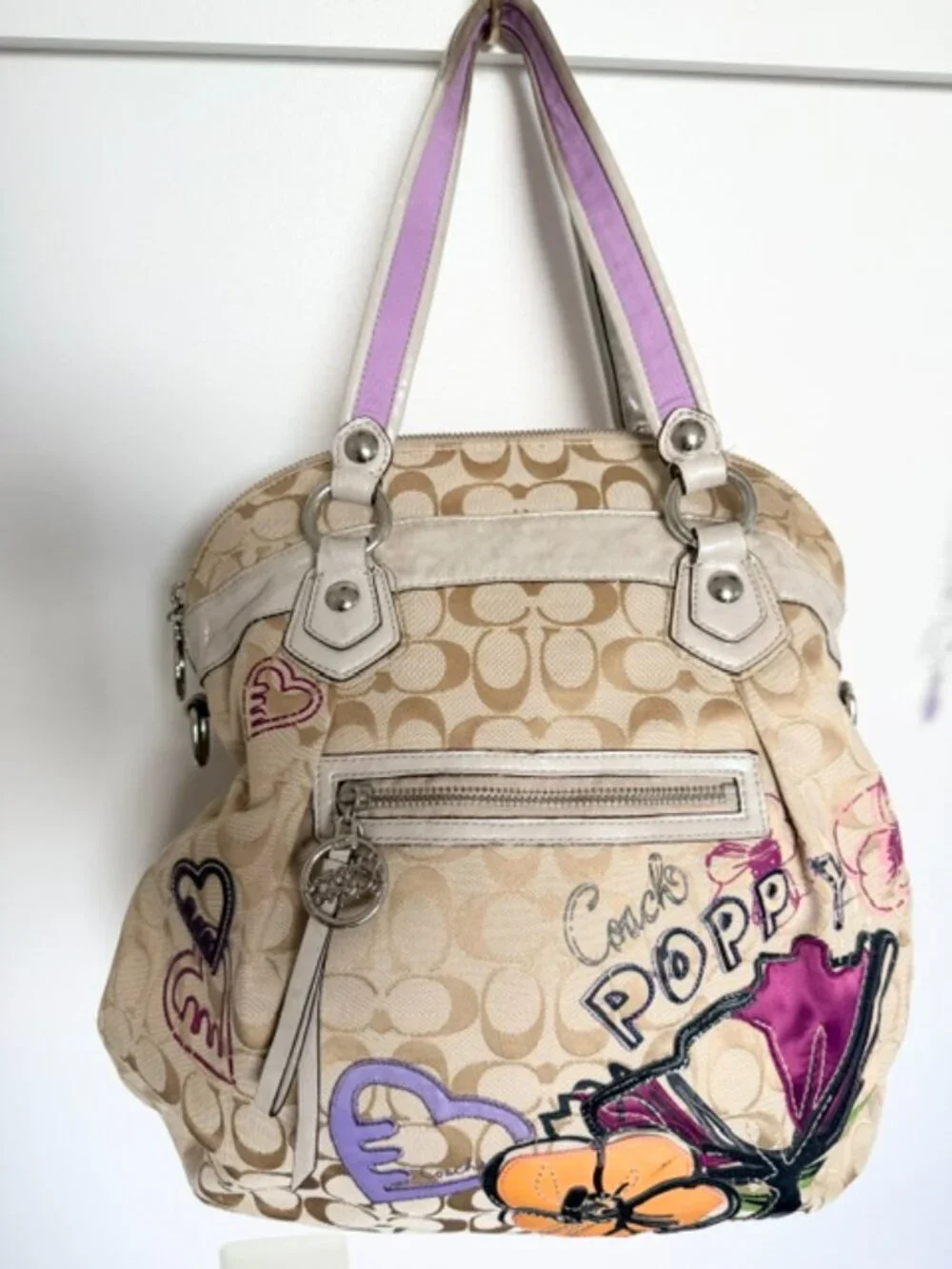 Coach Beige Signature Canvas Floral Poppy Satchel with Purple Accents
